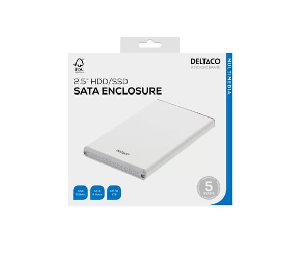 DELTACO ulkoinen kotelo 1x2,5" SATA 6Gb/s-kiintolevy, USB3, hopea