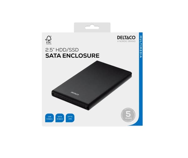 DELTACO ulkoinen kotelo 1x2,5" SATA 6Gb/s-kiintolevy, USB3, musta