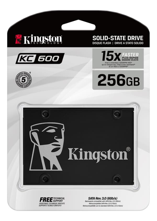 Kingston KC600 SSD-levy, SATA, 256GB, 2,5", 3D TLC NAND, musta
