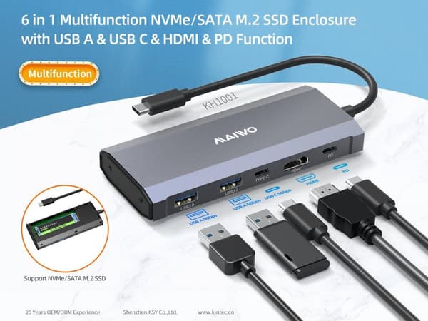 MAIWO 1 til 6 dockingstation 1xNVMe/SATA 1xHDMI 4K60Hz, 2xUSB-A 1xUSB-C 5Gbps 1xUSB-C PD100W