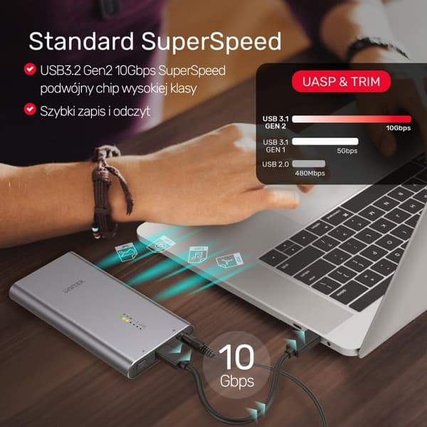 UNITEK S1206A SolidForce USB-C til PCIe/NVMe M.2 SSD 10 Gbps Dual Bay-kabinet med offline klon