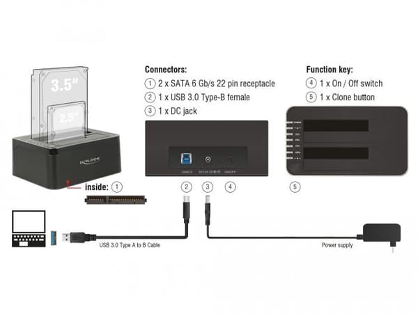 Delock USB 3.0 Dual Docking Station for 2 x SATA HDD / SSD with Clone Function