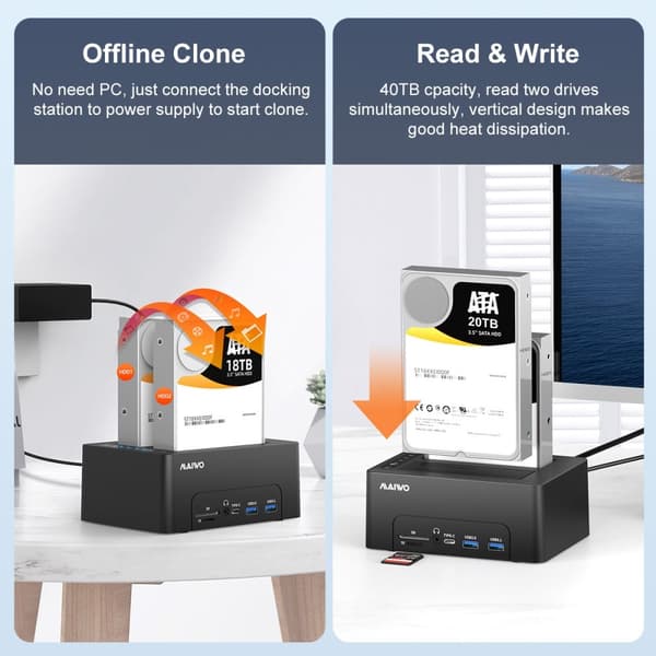 Maiwo HDD Dual telakointiasema klooni 10Gbps HDMI 4K60Hz Giga Lan Card Reader SD ja MicroSD USB HUB 2xUSB-A ja 2xUSB-C