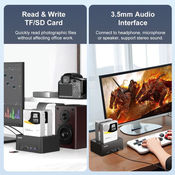 Maiwo HDD Dual telakointiasema klooni 10Gbps HDMI 4K60Hz Giga Lan Card Reader SD ja MicroSD USB HUB 2xUSB-A ja 2xUSB-C