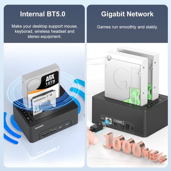 Maiwo HDD Dual telakointiasema klooni 10Gbps HDMI 4K60Hz Giga Lan Card Reader SD ja MicroSD USB HUB 2xUSB-A ja 2xUSB-C