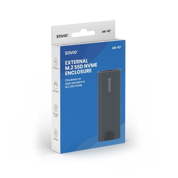 Savio M.2 SSD NVMe eksternt drevkabinet, USB-C 3.1, AK-67, grå