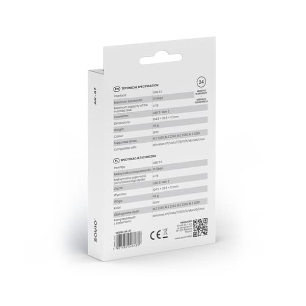 Savio M.2 SSD NVMe eksternt drevkabinet, USB-C 3.1, AK-67, grå