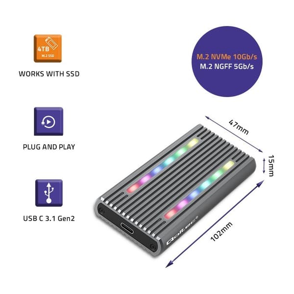 Qoltec 52272-kabinet til M.2 SSD-drev | SATA | NVMe | RGB LED | USB-C | 4TB