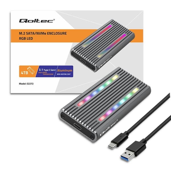 Qoltec 52272-kabinet til M.2 SSD-drev | SATA | NVMe | RGB LED | USB-C | 4TB