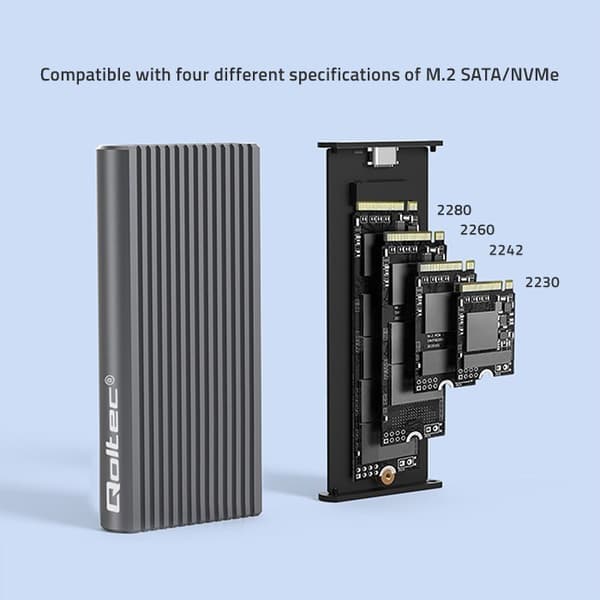 Qoltec 52272-kabinet til M.2 SSD-drev | SATA | NVMe | RGB LED | USB-C | 4TB