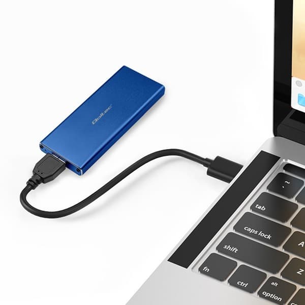 Qoltec 51832 -kotelo | M.2 SSD-levy | SATA | NGFF | USB 3.0 | Supernopeus 5 Gb/s | 2 Tt | Sininen