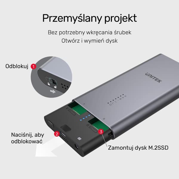 UNITEK S1206A SolidForce USB-C - PCIe/NVMe M.2 SSD 10Gbps kaksoispaikkakotelo offline-kloonilla