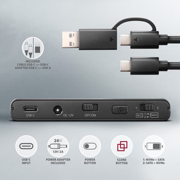 Axagon ADSA-CC USB-C 10Gbps - NVMe M.2 SSD & SATA 2.5/3.5 SSD/HDD CLONE MASTER 2 - Digital/Data - NVMe USB 3.2 Gen 2 (3.1 Gen 2) Typ-C Svart