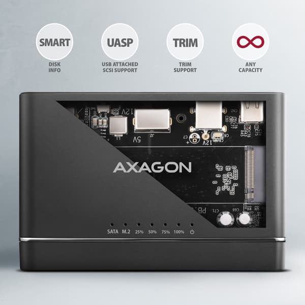 Axagon ADSA-CC USB-C 10Gbps - NVMe M.2 SSD & SATA 2.5/3.5 SSD/HDD CLONE MASTER 2 - Digital/Data - NVMe USB 3.2 Gen 2 (3.1 Gen 2) Typ-C Svart