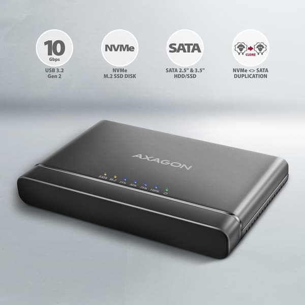 Axagon ADSA-CC USB-C 10Gbps - NVMe M.2 SSD & SATA 2.5/3.5 SSD/HDD CLONE MASTER 2 - Digital/Data - NVMe USB 3.2 Gen 2 (3.1 Gen 2) Typ-C Svart
