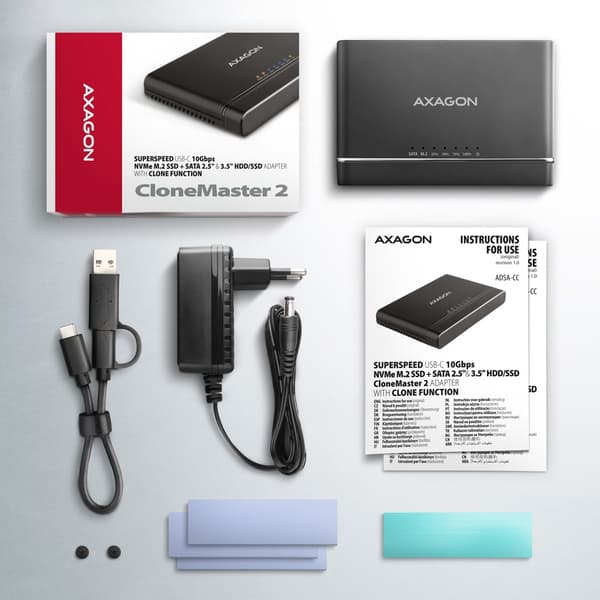 Axagon ADSA-CC USB-C 10Gbps - NVMe M.2 SSD & SATA 2.5/3.5 SSD/HDD CLONE MASTER 2 - Digital/Data - NVMe USB 3.2 Gen 2 (3.1 Gen 2) Typ-C Svart