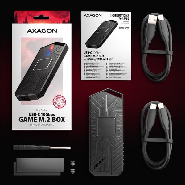 AXAGON EEM2-GAM, USB-C 10Gbps - NVMe & SATA SSD GAME M.2 -kotelo, ilman pikanäppäimiä