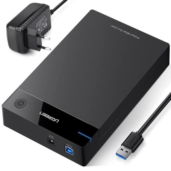 UGREEN USB 3.0 extern hårddiskhölje 3,5" SATA HDD SSD 10TB Max, 5Gbps höghastighet, UASP-kompatibel Svart