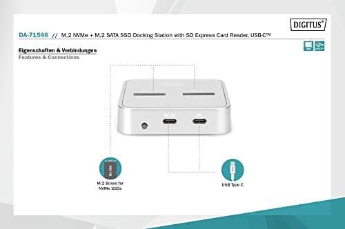 DIGITUS - SSD-dockingstation med datadisplay, SD Express-kortlæser Slots: 2 - M.2 - M.2-kort (PCIe NVMe & SATA) - USB-C 3.2 (Gen 2) - sølv