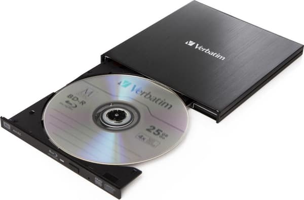 Verbatimin ulkoinen ohut optinen levyasema, musta Blu-Ray RW