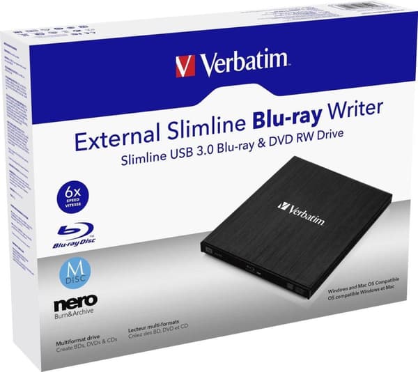 Verbatimin ulkoinen ohut optinen levyasema, musta Blu-Ray RW