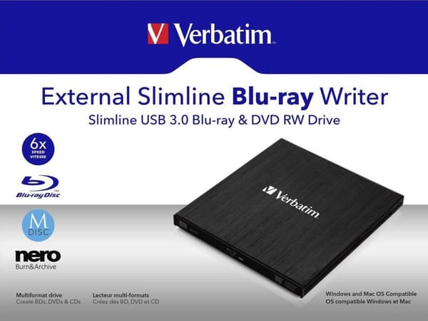 Verbatimin ulkoinen ohut optinen levyasema, musta Blu-Ray RW