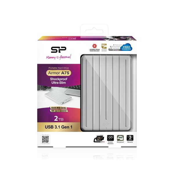 SILICON POWER Armor A75 - Harddisk - 2 TB - ekstern (bærbar) - USB 3.1 Gen 1 - sølv