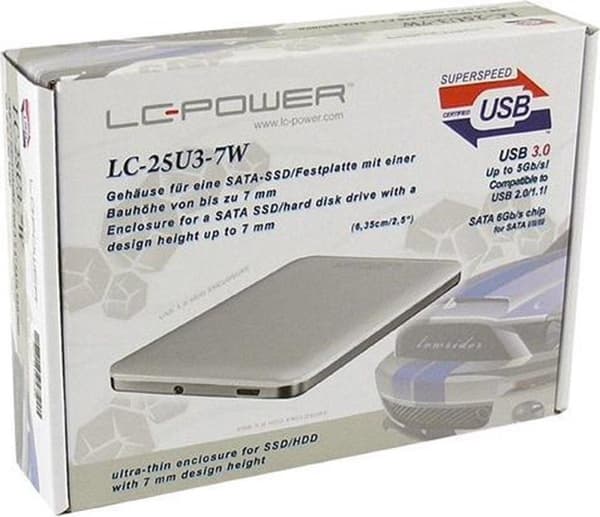 LC-Power LC-25U3-7W kotelo tallennusasemille 2,5" alumiinia, valkoinen