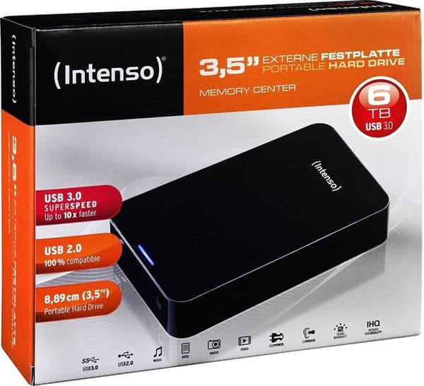 Intenso Memory Center 6 TB Ekstern harddisk (3,5 tommer) USB 3.2 Gen 1 (USB 3.0) Sort 6031514