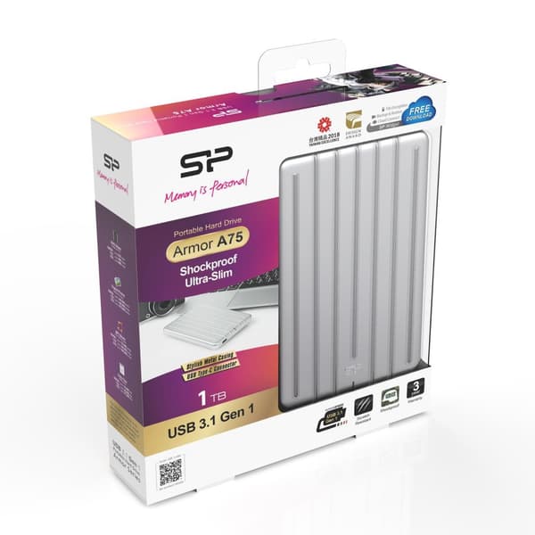 SILICON POWER Armor A75 - Kiintolevy - 1 TB - ulkoinen (kannettava) - USB 3.1 Gen 1 - hopea