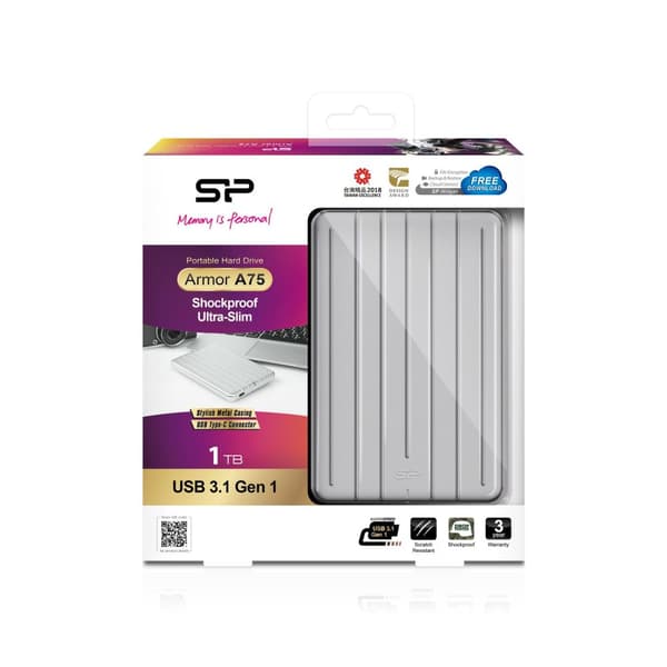 SILICON POWER Armor A75 - Kiintolevy - 1 TB - ulkoinen (kannettava) - USB 3.1 Gen 1 - hopea