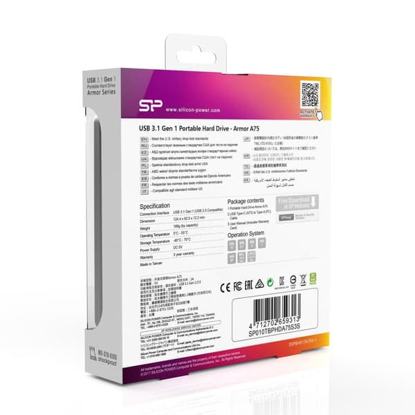 SILICON POWER Armor A75 - Kiintolevy - 1 TB - ulkoinen (kannettava) - USB 3.1 Gen 1 - hopea