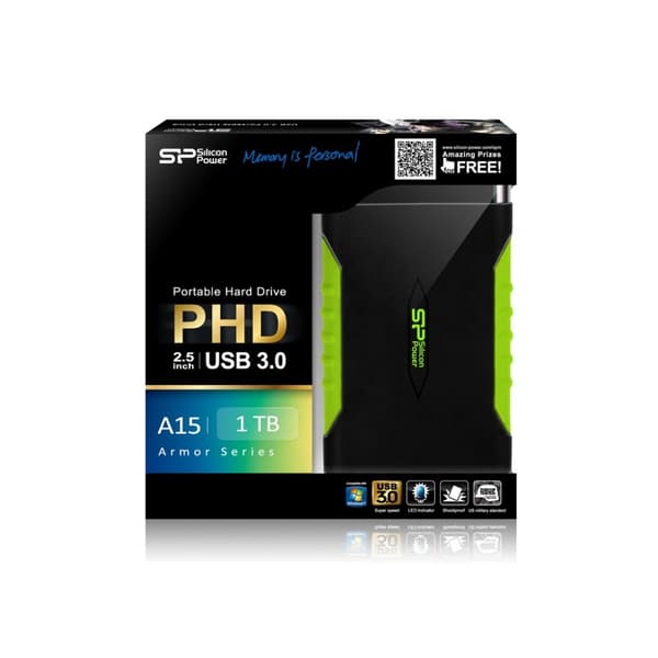 SILICON POWER Armor A15 - harddisk - 1TB - ekstern (bærbar) - 6,4 cm (2,5") - USB3.0 - sort (SP010TBPHDA15S3K)
