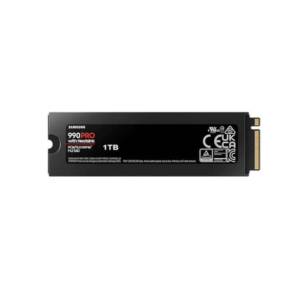 SSD SAMSUNG 990 PRO med kjøleribbe (1TB, M.2, PCIE, NVMe, MLC, skrivehastighet 6900 MByte/sek, lesehastighet 7450 MByte/sek, 2,3 mm)