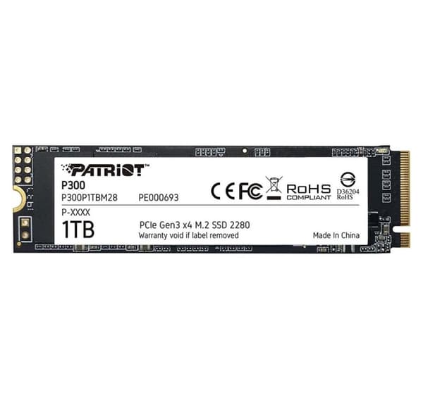 Ssd, Patriot, p300 (1tb, m.2, pcie, nvme, 3d nand, skrivehastighet 1650 mbyte/sek, lesehastighet 2100 mbyte/sek, 3,8 mm, tbw 480 tb)