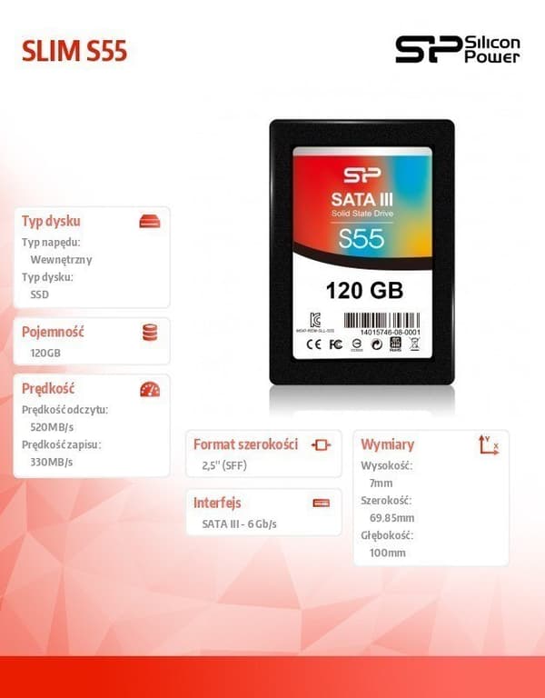 Silicon Power Slim S55 SSD 120 Gt SATA | Lukunopeus 550 MB/s | Kirjoitusnopeus 420 MB/s | 36kk takuu