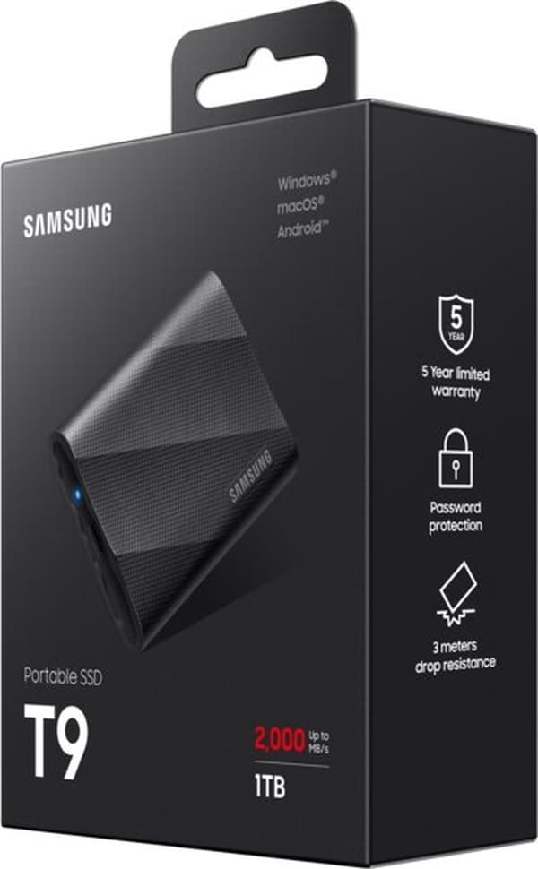 Samsung T9 MU-PG1T0B - SSD - krypterad - 1 TB - extern (bärbar) - PC, Mac, Android-enheter,