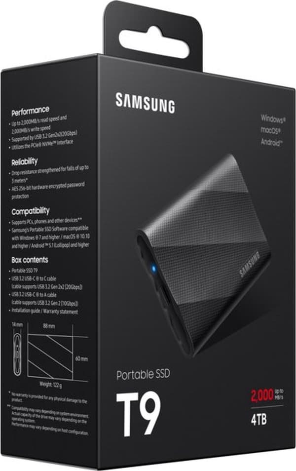 Samsung T9 MU-PG4T0B - SSD - krypteret - 4 TB - ekstern (bærbar) - PC'er, Mac'er, Android-enheder,