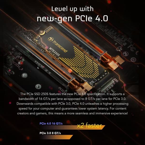 Intern SSD M.2 2280 - Transcend - 250S - 2 To - PCIe 4.0 - Ultrarapid hastigheter