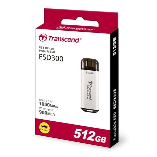 Extern SSD - Transcend - ESD300S - 512 Go - USB 3.2 Gen 2x1 - silver färg
