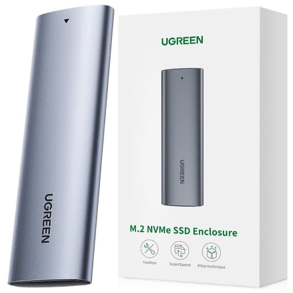 Ugreen M.2 SSD-stasjonsdeksel USB 3.2 Gen 2 (SuperSpeed​​​​​​​​​​​​​​​​​​​​​​​​​​​​ ​​​​​​​​​​​​krig ​​​​​​​​​​a + USB Type C-kabel 0,5 m grå Grå