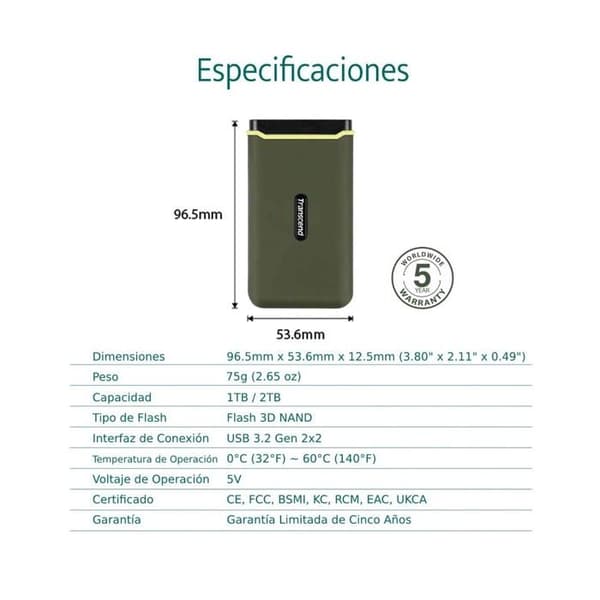 Extern hårddisk - Transcend - ESD380C - 1 To - USB 3.2 Gen 2x2 - Militärgrön