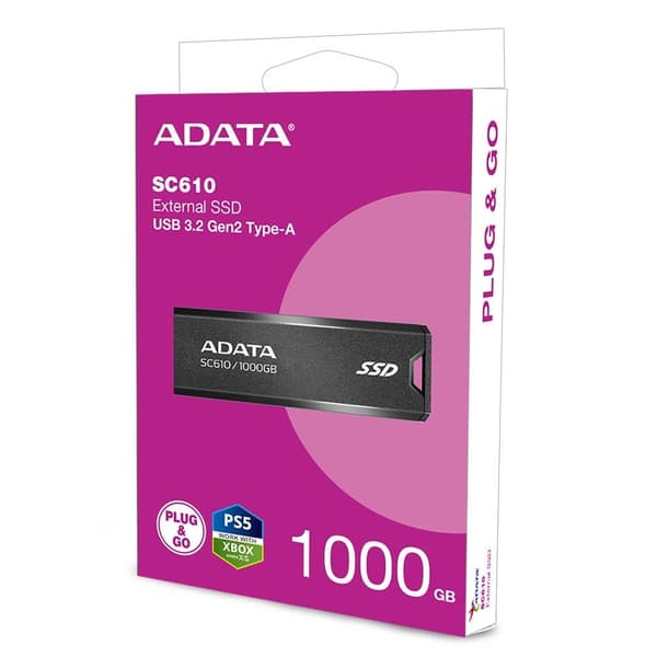 Ekstern SSD sc610 (1tb, usb 3.2, skrivehastighet 500 mbyte/sek, lesehastighet 550 mbyte/sek, sc610-1000g-cbk/rd), Adata