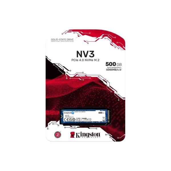 SSD KINGSTON NV3 (500 GB, M.2, PCIE, NVMe, 3D NAND, skrivehastighet 3000 MByte/sek, lesehastighet 5000 MByte/sek, TBW 160 TB)