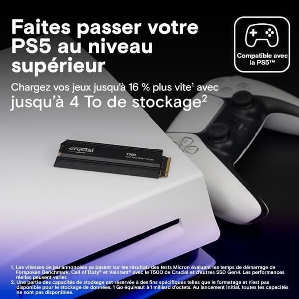 Crucial T500 SSD 2TB PCIe Gen4 NVMe M.2 PS5 Intern spel-SSD med kylfläns, PlayStation 5-kompatibel - CT2000T500SSD5
