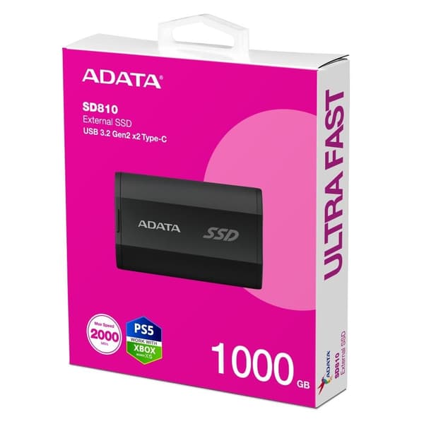 External SSD ADATA SD810 (1TB, USB-C, Write speed 2000 MBytes/sec, Read speed 2000 MBytes/sec, SD810-1000G-CBK)