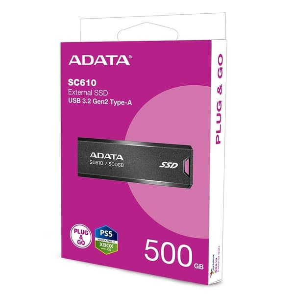 External SSD ADATA SC610 (500GB, USB 3.2, Write speed 500 MBytes/sec, Read speed 550 MBytes/sec, SC610-500G-CBK/RD)