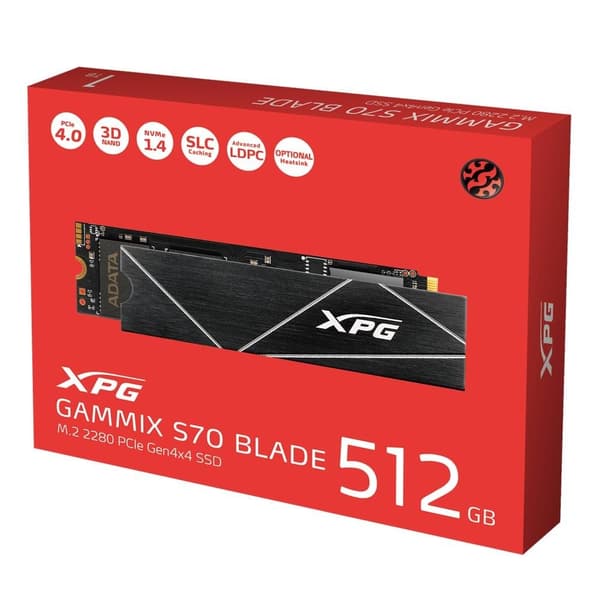 SSD ADATA XPG GAMMIX S70 (512GB, M.2, PCIe Gen4, 3D NAND, Write speed 2600 MBytes/sec, Read speed 7200 MBytes/sec, TBW 370 TB)