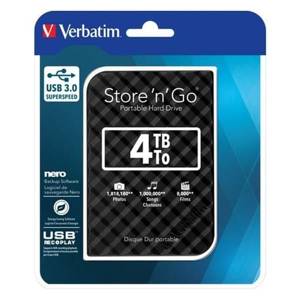 Extern Hårddisk Verbatim Disco Duro Portátil Store 'n' Go USB 3.0 de 4 TB en color Negro USB 3.0