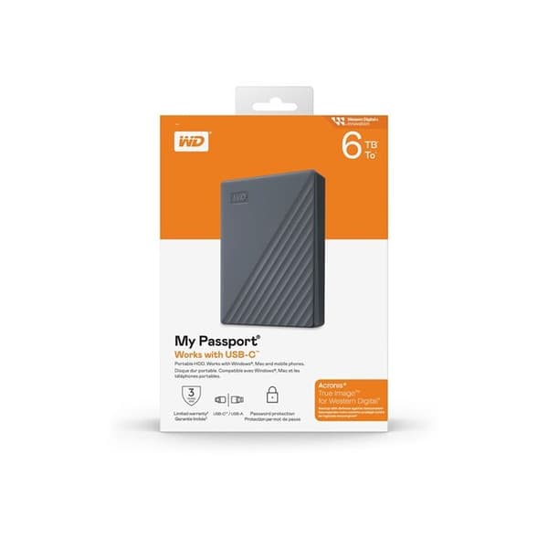 Bärbar extern hårddisk - WD - My Passport - 6 TB - USB-C och USB-A - Lösenordsskydd